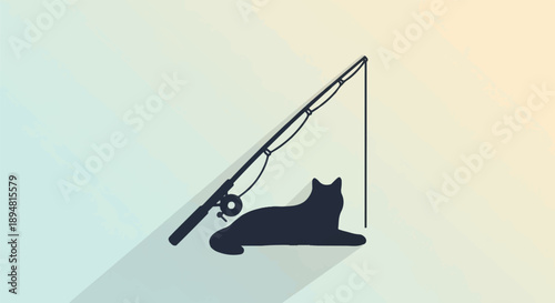 A silhouetted cat lies near a fishing rod casting a shadow