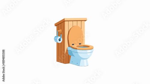 A light blue toilet with a wooden seat and a wooden enclosure, featuring a toilet paper roll