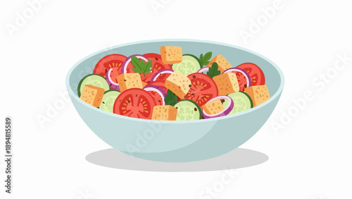 A light blue bowl overflows with a colorful, fresh salad of sliced tomatoes, cucumbers, red onion rings, and croutons