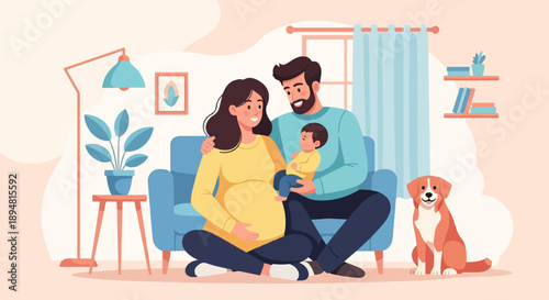 A pregnant woman and her partner hold their baby, with their dog nearby