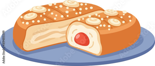 A stylized, illustrated cake with cream swirls, dots, and a cherry filling, on a plate