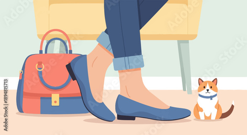 A person in blue jeans and flats stands next to a bag with a dog