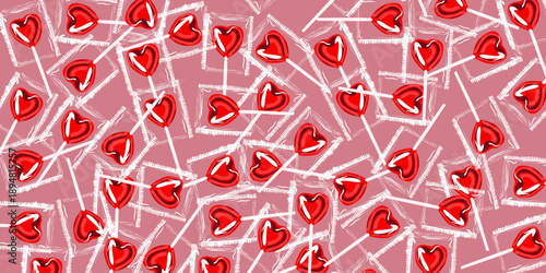 Seamless Heart Lollipop Pattern on Pink Background