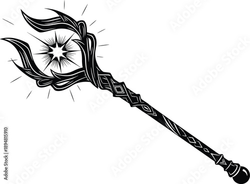 Fantasy magic staff vector illustration with glowing energy symbol, ornate mystical weapon design, black and white line art, sorcerer wand icon for games
