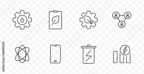 Energy and eco technology set icon. Gear, leaf, mobile, network, battery, atom, chart, and lightning visuals indicate themes of sustainability, connectivity, and innovation