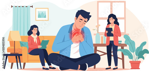 A man clutches his chest in pain while two women observe him with clipboards