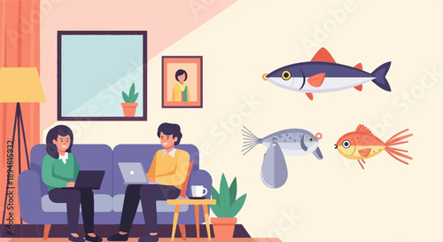 A man and woman work on laptops on a couch, with three cartoon fish floating by