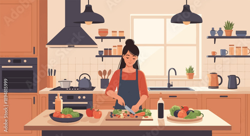 A person is preparing food in a modern kitchen, chopping vegetables on a board