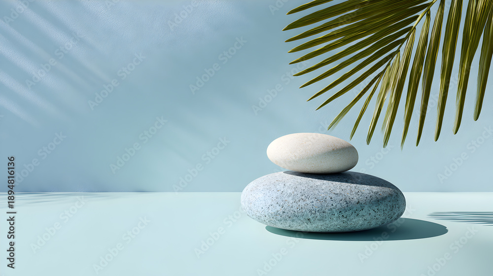 Obraz premium Stacked Zen Stones for Product Display in Tropical Sunlight with Hard Shadows