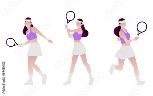 Stylized illustration of a female tennis player in dynamic action poses, showcasing energy and athletic movement.