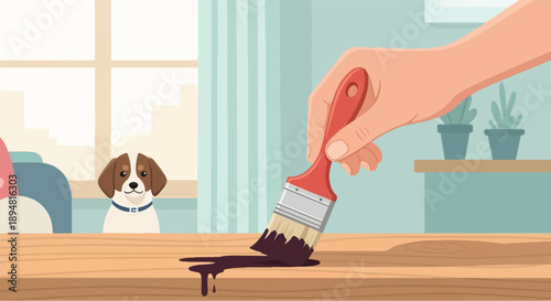 A hand applies dark stain to a wooden surface as a curious dog watches