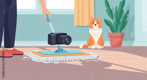 A person mops a floor near a camera and a dog sits by a plant