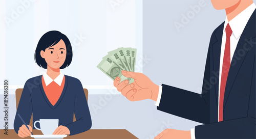 A person offers money to another person sitting at a desk with a cup