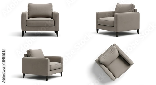 Contemporary beige fabric armchair presented from multiple angles, highlighting its elegant design, comfortable seating, and versatile appeal for modern interior decor