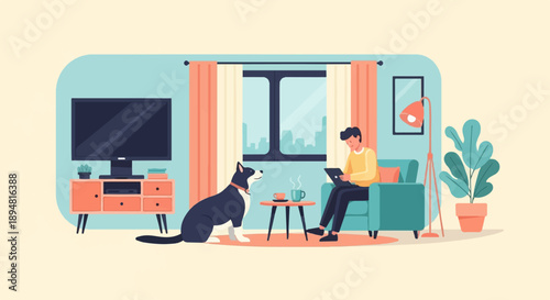 A person on a couch with a tablet, a dog, and a plant in a room