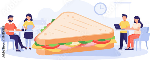 A large sandwich is central, surrounded by people working and dining