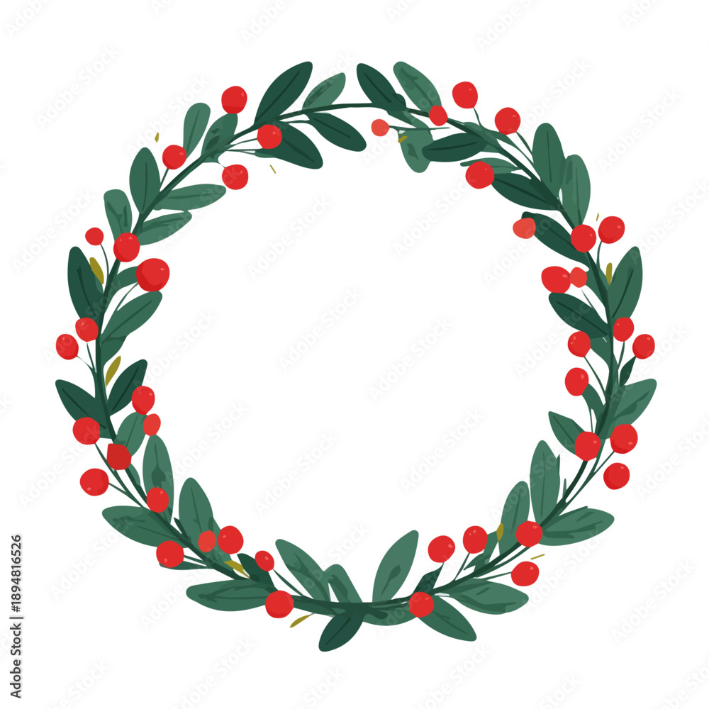 Fototapeta premium Flat 2D vector illustration of Christmas Wreath, simple icon style on a clean white background.