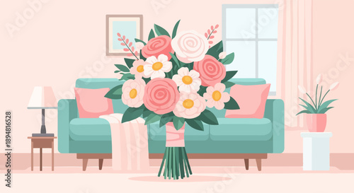 A pastel living room with a plush couch, flowers, and a window