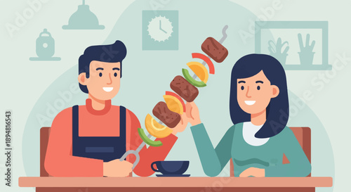 A man and woman share a kebab at a table indoors