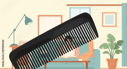 A person reads a book in a cozy living room, partially obscured by a comb