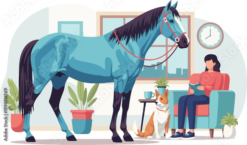 A person reads a book in a cozy room with a horse and dog