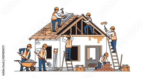 Construction workers building a house on a white background illustration.