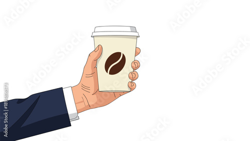 Close up view of professional hand in business suit holding disposable coffee cup representing office break and morning routine.
