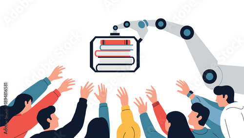 Robot arm delivering educational books to group of eager students representing future of automated learning and AI education.