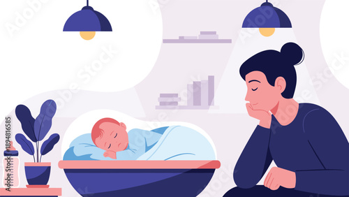 Mother watching over her sleeping infant in cradle under soft lamplight showing maternal care and night time peace.