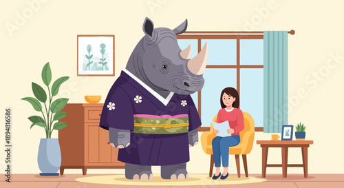 A person reads on a chair as a rhino in a kimono stands nearby