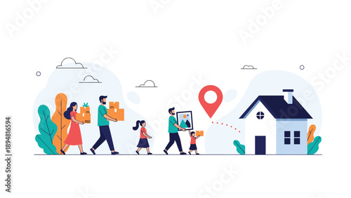 Happy family of four carrying cardboard boxes and picture frame into their new white house during relocation process.