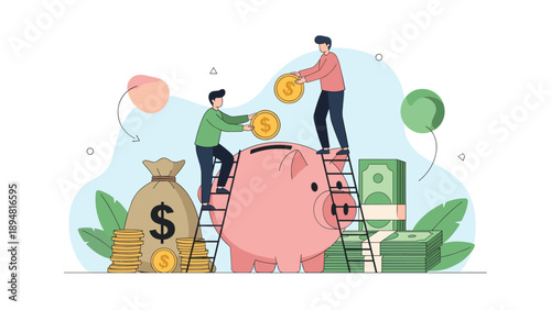 Businessmen collaborating to fill large piggy bank with gold coins using ladders representing collective wealth management.