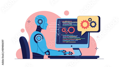 Advanced artificial intelligence robot working at computer desk processing complex mechanical gear data for automation.