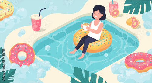 A person relaxes in a pool on a donut float, enjoying drinks and treats
