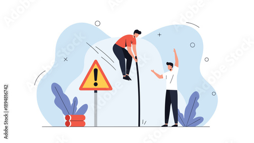 Athletic man pole vaults over a large yellow danger sign while a coach watches for a metaphor of overcoming risks and business obstacles for success.