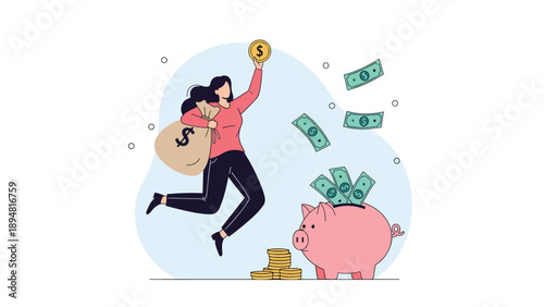 Happy woman jumps for joy while holding a money bag and putting a coin into a large pink piggy bank for financial savings success and wealth.