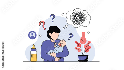 Stressed mother holds a crying baby while overwhelmed with chaotic thoughts and parenting challenges in her daily domestic life routine at home.