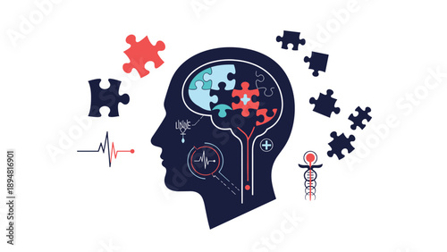 Human head silhouette with colorful puzzle brain surrounded by medical icons representing neurology and mental wellness.