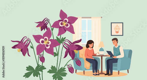 A man and woman converse in a cozy room, with vibrant flowers framing the scene