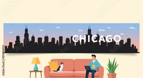 A man and dog relax in a home with a city skyline view