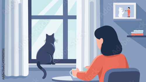 A person sits at a table with a mug, while a cat gazes out a window