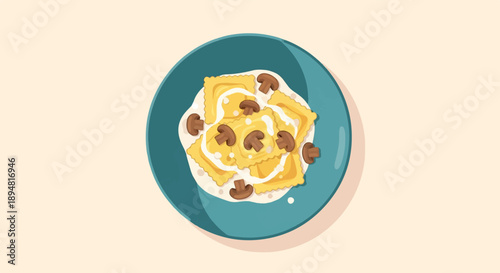 A plate of ravioli with mushrooms and cream sauce