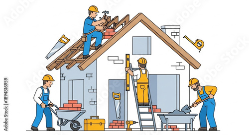 Construction workers building a house roof and walls.