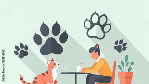 A person and cat at a table with paw prints in the background