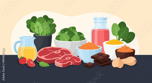 A healthy assortment of food items including raw steak, vegetables, oil, grains, and chocolate