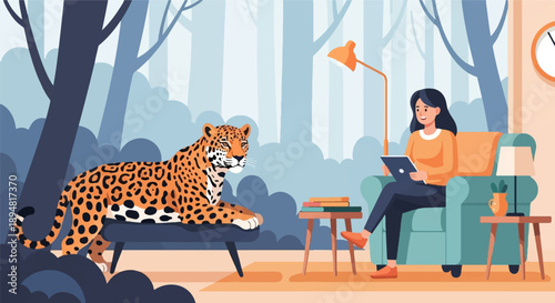 A jaguar rests indoors while a woman uses a tablet in a cozy room