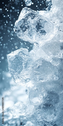 Beautiful Light Blue Water Surface with Splashing Bubbles and Refreshing Drops in Motion