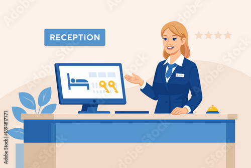 female hotel receptionist assisting guests at front desk with room booking and customer service vector illustration