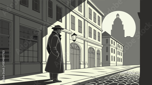 Man in a long coat and hat standing on a city street with a surreal surrealist dreamlike moonlit vibrant colorful floral background and a flower