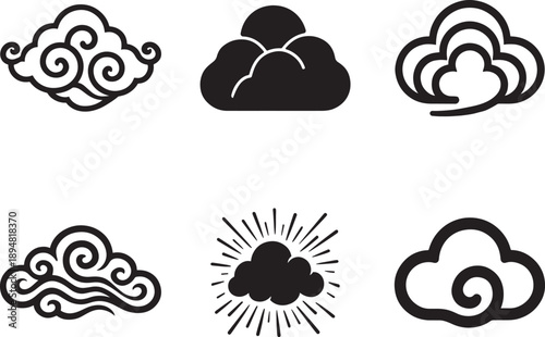 Abstract Chinese curl cloud icon set with decorative traditional shapes in clean vector style.